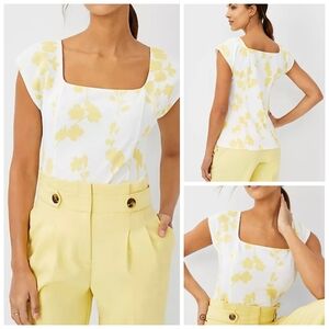 Ann Taylor nwt square neck floral top blouse cap sleeve yellow white XL new